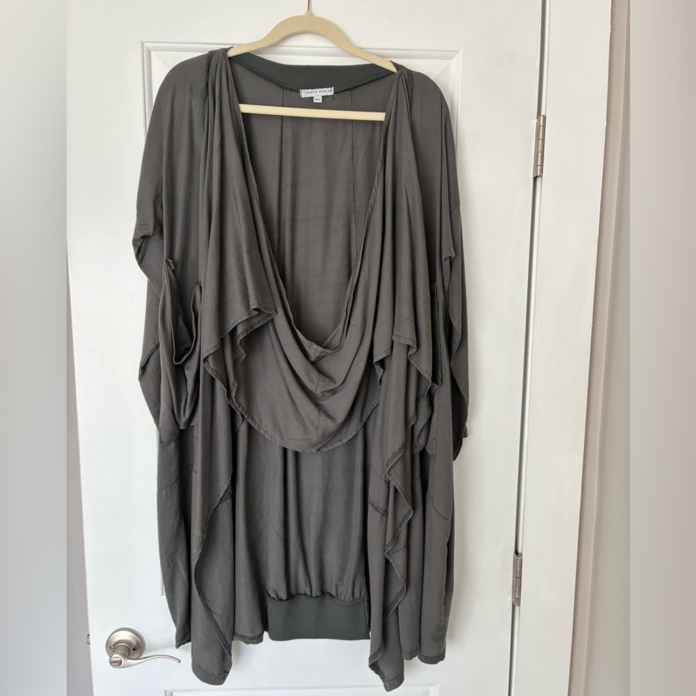 Tempo Paris Draped Open-Front Cardigan — Charcoal Gray